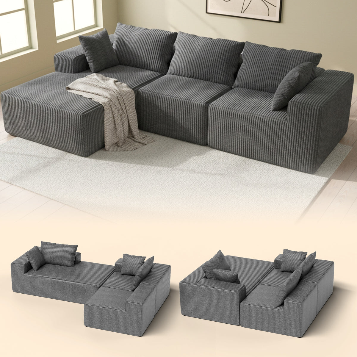 RUMMY Left Chaise Corduroy Sofa, L-Shaped Boneless Design with High-Resilience Foam, Deep-Seat Comfort and No-Assembly Couch for Living Room