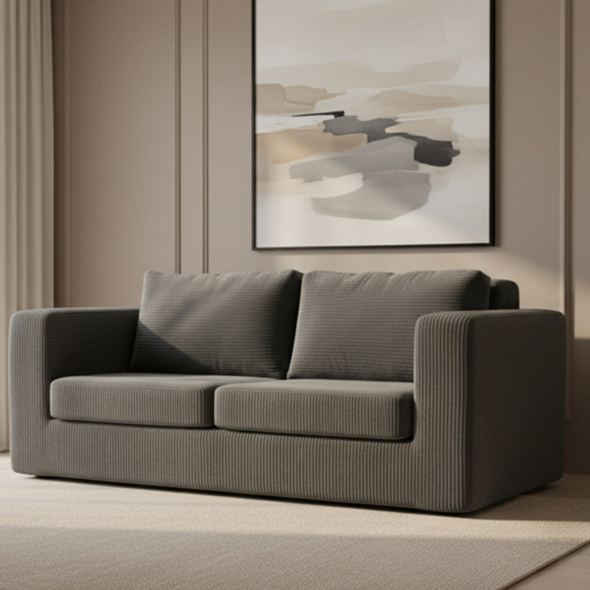 RUMMY Modern Corduroy Sofa, Deep-Seat Block-Style Couch with Wide Armrests and High-Resilience Foam, Comfortable 2 Seater for Living Room