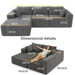 RUMMY Left Chaise Corduroy Sofa, L-Shaped Boneless Design with High-Resilience Foam, Deep-Seat Comfort and No-Assembly Couch for Living Room