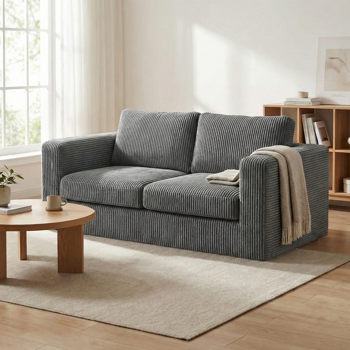 RUMMY Modern Corduroy Sofa, Deep-Seat Block-Style Couch with Wide Armrests and High-Resilience Foam, Comfortable 2 Seater for Living Room